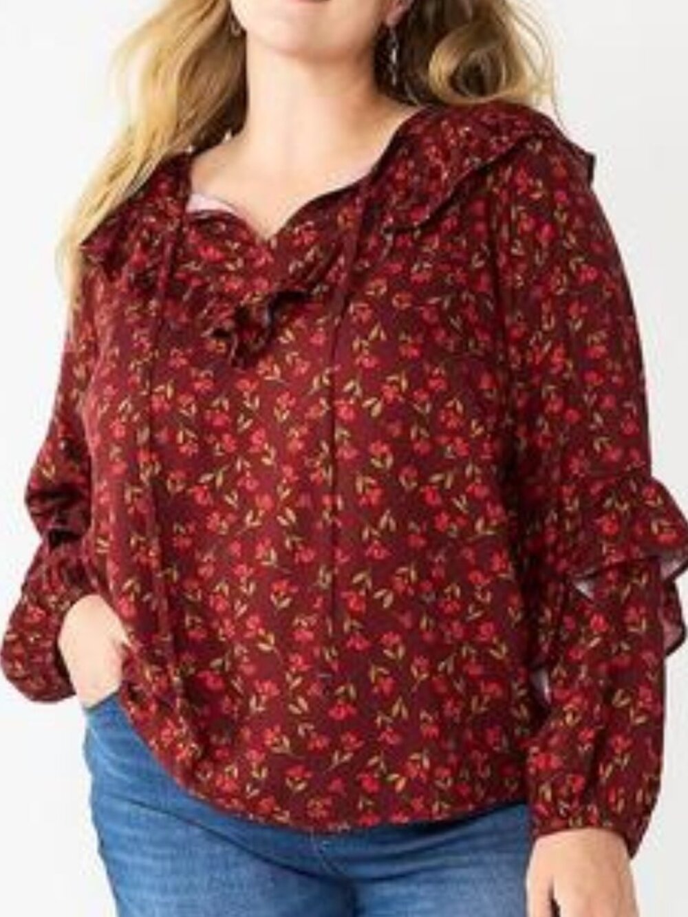 Women's Sonoma Goods For Life Plus Size Ruffle Peasant Top - Red Mini Floral -4X